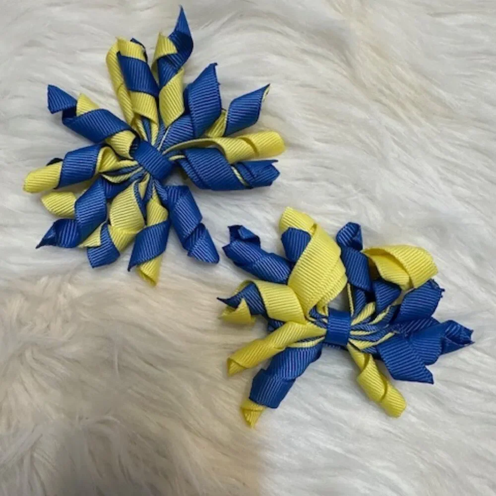 SET of Mini Blue & Yellow Korker Bows 7788 Handmade NWT Boutique